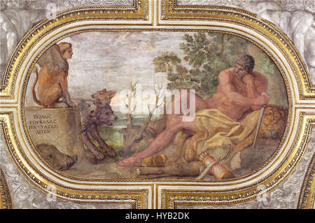 „Ercole in Riposo“ (Herkules in Ruhe) ist eine berühmte Marmorskulptur des italienischen Künstlers Antonio Canova. Es zeigt den mythologischen Helden Herkules, der nach Beendigung seiner Arbeit ruht, und veranschaulicht die Betonung der neoklassischen Kunst auf idealisierte menschliche Form und Stärke. Stockfoto