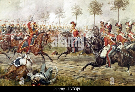 „Angriff der 1. Lebenswächter in Genappe“ von Richard Simkin zeigt eine dramatische Militäranlage aus der Schlacht von Waterloo, in der die britische Kavallerie angegriffen wird. Das Kunstwerk hebt die Tapferkeit und Intensität des Augenblicks hervor und veranschaulicht die zentrale Rolle der 1. Lebensgarde in diesem Schlüsselereignis der Napoleonischen Kriege. Stockfoto