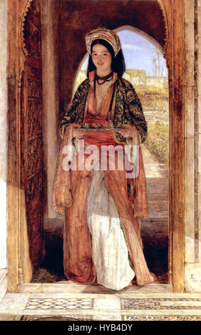 John Frederick Lewis’ Kunstwerk „004“ zeigt seinen detaillierten orientalistischen Stil, der oft Szenen aus dem Nahen Osten mit satten Texturen und lebhaften Farben darstellt. Lewis ist bekannt für seine lebhaften Darstellungen des Ostens und betont kulturelle Vielfalt und historische Szenarien. Stockfoto
