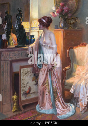 Delphin Enjolras Gemälde „Le Kimono japonais“ zeigt ein weibliches Modell in einem traditionellen japanischen Kimono. Der Künstler betont die komplizierten Muster und die Anmut des Kleidungsstücks und fängt die Schönheit der japanischen Kulturkleidung und ihren Einfluss auf die westliche Kunst des späten 19. Jahrhunderts ein. Stockfoto