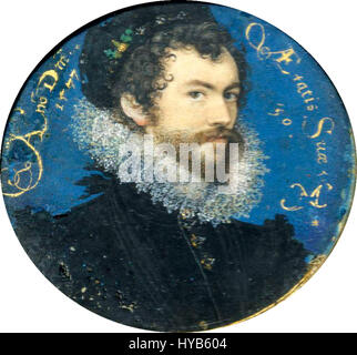 Nicholas Hilliard war ein englischer Porträtminiaturist, der für seine komplizierten und detaillierten Kleinporträts bekannt war. Seine Werke wurden vom englischen Königshof während der elisabethanischen und frühen Stuart-Zeit bevorzugt. Stockfoto