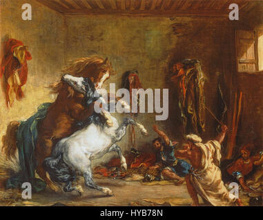 Arabische Pferde kämpfen in einem stabilen Eugene Delacroix 1860 Stockfoto