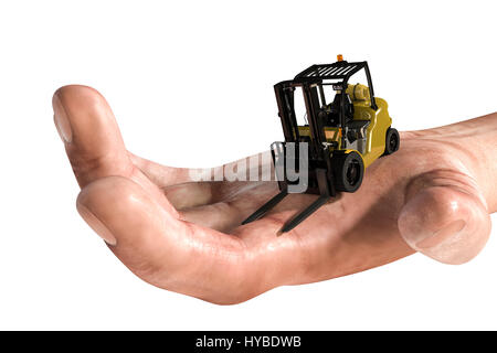 3D Abbildung eines Gabelstaplers auf einer menschlichen hand Stockfoto