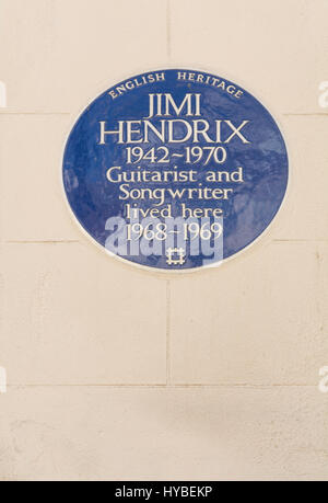 Blaue Plakette außerhalb Jimi Hendrix Londoner Haus in der Brook Street, Mayfair. Stockfoto