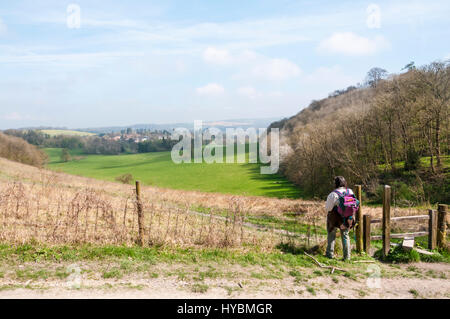 Ein Wanderer auf der North Downs Way, Blick auf die Parklandschaft der Gatton Park, entworfen von Lancelot 'Capability' Brown im grünen Gürtel südlich von London. Stockfoto