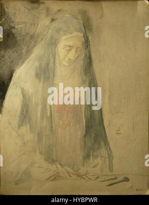 Dieses Aquarell von Jean-Louis Forain mit dem Titel „Vierge de la Passion avec un Ange“ zeigt die Jungfrau Maria mit einem Engel in einer ruhigen, religiösen Komposition. Die zarte Darstellung unterstreicht die Reinheit und Anmut der Figuren und zeigt Forains Kunst in Aquarellen und religiösen Themen. Stockfoto