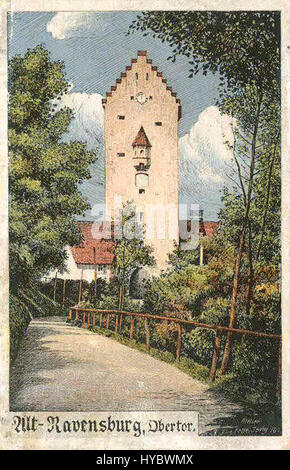 Die Felle Ravensburg Obertor ist ein historisches Tor in der Stadt Ravensburg. Dieses Tor, Teil der mittelalterlichen Befestigungsanlagen der Stadt, ist ein Zeugnis der architektonischen und defensiven Strategien der damaligen Zeit. Stockfoto