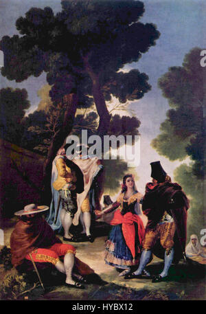 Francisco de Goya y Lucientes (1746–1828) war ein spanischer romantischer Maler, der für seine Darstellungen königlicher Porträts und dunkler satirischer Werke bekannt war. Sein Stil entwickelte sich von barocken Einflüssen zu einer expressiveren und intensiveren Romantik, die oft die politischen und sozialen Fragen seiner Zeit hervorhob. Stockfoto