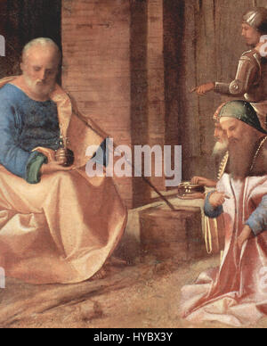 Giorgione, ein einflussreicher venezianischer Maler der Hochrenaissance, ist bekannt für seine innovative Verwendung von Licht, Farbe und atmosphärischen Effekten. Seine Werke, wie dieses Stück, beschäftigen sich oft mit Themen menschlicher Emotionen und mythologischen Themen und machen ihn zu einem Vorläufer der späteren Renaissance-Kunst. Stockfoto