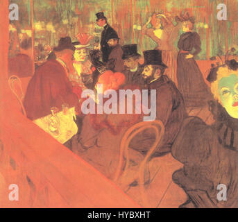 Henri de Toulouse Lautrec, ein bekannter französischer Künstler, wird für seine Darstellungen des Pariser Nachtlebens, insbesondere des Moulin Rouge, gefeiert. Seine Werke konzentrieren sich oft auf die dynamischen Figuren von Tänzern, Performern und der Gesellschaft. Stockfoto
