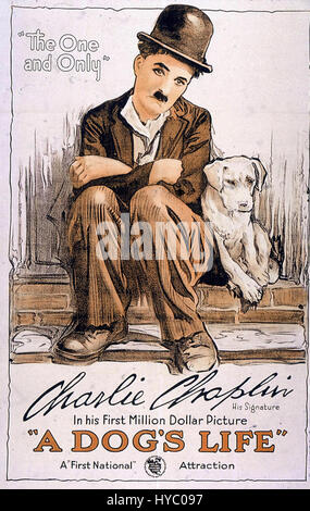 Dieses Werbeplakat für „A Dog's Life“ zeigt den Stummfilm von Charlie Chaplin aus dem Jahr 1918. Der Film ist eines von Chaplins frühen Werken und zeigt sein komödiantisches Genie und seine Darstellung des unterdrückten Hundes, der versucht, in einer harten Welt zu überleben. Stockfoto