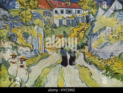 Treppe in Auvers, ein Gemälde von Vincent van Gogh, einem niederländischen Postimpressionisten, entstanden im Mai 1890, das eine Dorfstraße und Treppen in Auvers mit Figuren darstellt. Stockfoto