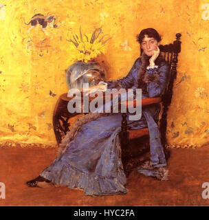 William Merritt Chases Porträt von Miss Dora Wheeler (1883) ist ein klassisches Beispiel amerikanischer Porträts aus dem späten 19. Jahrhundert. Das Gemälde fängt die Eleganz und Ausgeglichenheit des Motivs ein und zeigt Chases Fähigkeit, Textur und Licht mit raffinierter Technik zu rendern. Stockfoto