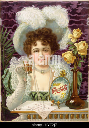 Diese Vintage-Werbung zeigt, dass Coca-Cola im Jahr 1900 für 5 Cent verkauft wurde, was seine Anfänge als beliebtes Erfrischungsgetränk unterstreicht. Das Image spiegelt die Einfachheit der frühen Marketingstrategie der Marke und ihren ikonischen Status wider. Stockfoto
