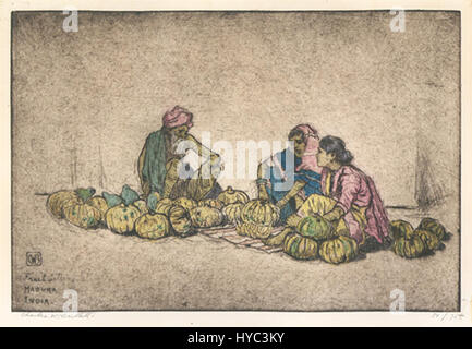 Obstverkäufer, Madura Indien von Charles Bartlett, hand farbige Radierung Stockfoto