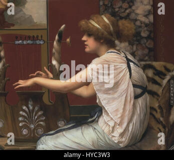 Erato at her Lyre ist ein klassisches Gemälde von Godward, das die Muse Erato, die griechische Göttin der Lyrik, darstellt. Das Kunstwerk zeigt Godwards Meisterschaft in der Darstellung klassischer mythologischer Themen und betont Schönheit und Harmonie in alten Traditionen durch detaillierte und feine Pinselarbeiten. Stockfoto
