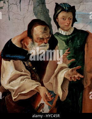 Giovanni Battista Tiepolo (1696–1770) war ein italienischer Rokoko-Maler, der für seine grandiosen Fresken und Werke dramatischer Komposition bekannt war. Dieses Werk zeigt seine Fähigkeit, Licht, Bewegung und emotionale Tiefe in einem dynamischen und barocken Stil einzufangen. Stockfoto