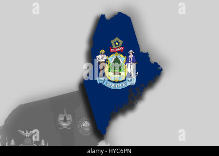 Darstellung der Bundesstaat Maine Silhouette Karte und Flagge. Seine ein JPG-Bild. Stockfoto
