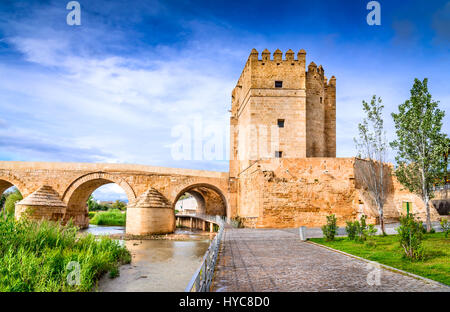 Cordoba, Spanien, Andalusien. Callahora Turm und römische Brücke am Fluss Guadalquivir. Stockfoto