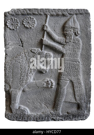 Reliefplatten Darstellung findet man in den Palast in den Ruinen von Coba Höyük Löwenjagd, auch bekannt als Sakçe Gözü oder Sakçagözü, archäologische sitzen Stockfoto