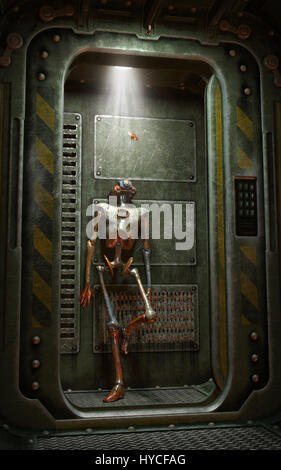 Roboter und Schmetterling im Raumschiff interior 3D Render Science-Fiction Abbildung Stockfoto