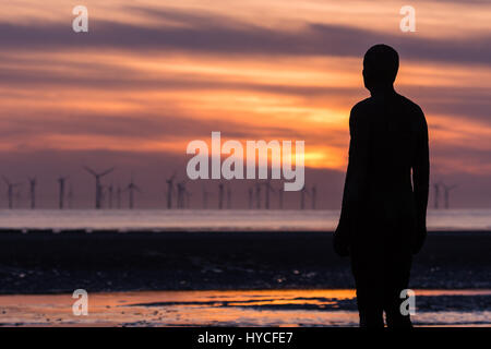 Eines der hundert Ironmen Statuen die Crosby Strand nahe Liverpool, bei Ebbe erfasst, wie die Sonne beginnt zu stellen zu besetzen. Stockfoto