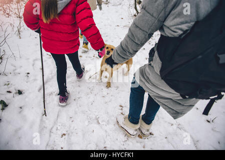 Mutter und Töchter, die in den weißen Winterwald mit dem Hund wandern Stockfoto