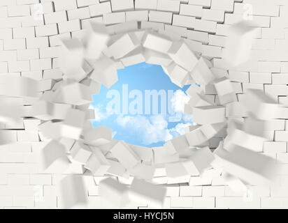 weiße Ziegel Explosion und Sky 3d Render Bild Stockfoto