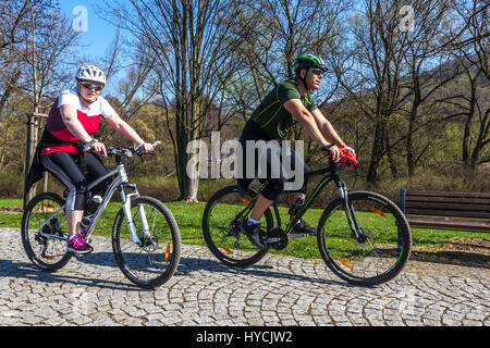 Radfahrer auf dem Radweg entlang dem Fluss Ohre, Klasterec Nad Felsenabsturzes, Nord-Böhmen, Tschechische Republik, Europa Stockfoto