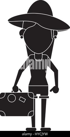 Reisenden Frau Hut Koffer Piktogramm Stock Vektor