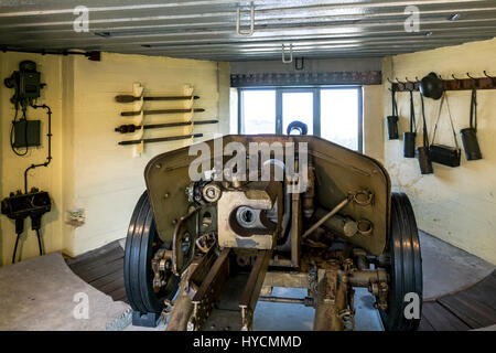 Deutsche WWII Pak 40 75 mm Panzerabwehrkanone im Bunker am Raversyde Atlantikwall / Freilichtmuseum Atlantikwall in Raversijde, West-Flandern, Belgien Stockfoto