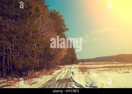 Feldweg kauerte mit Schnee. Pinienwald entlang der Straße in sonniger Tag. Schneereiche Winter.  Landschaft im ländlichen Raum. Stockfoto
