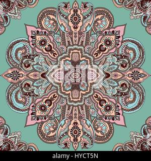 Abstrakte geometrische paisley Kreismuster. Traditionelle orientalische Mandalas Ornament. Pastell-Farben auf Türkis Hintergrund. Textil-Design. Stock Vektor