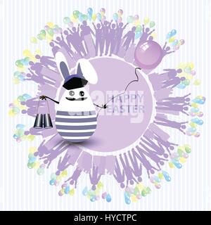 Süße Ostern Abbildung. Kaninchen-Ei in Form eines Seemanns mit Fernglas und mit einem Ballon in seinen Händen, auf einem Kreis Hintergrund mit silhouette Stock Vektor