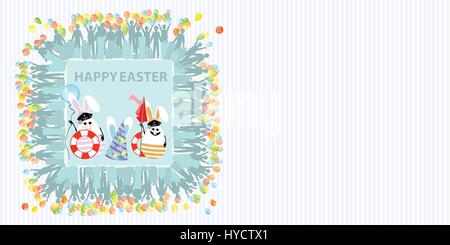 Ostern-Abbildung mit Platz für Text. Kaninchen-Segler mit einem Ballon Luft und Rettungsringe in den Händen, vor dem Hintergrund der gestreiften Horizont Stock Vektor