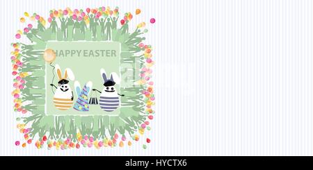 Ostern-Abbildung mit Platz für Text. Kaninchen-Segler mit einem Ballon von Luft und Fernglas, ein Mädchen und ein Mann gegen eine gestreifte horizontal ausrichten Stock Vektor
