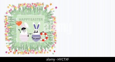 Ostern-Abbildung mit Platz für Text. Kaninchen-Segler mit einer Luft-Kugel in der Form von ein Herz und eine Rettungsboje, ein Mädchen und ein Mann gegen eine gestreifte Stock Vektor