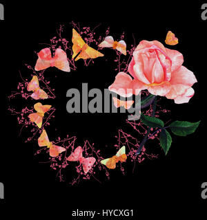 Design-Vorlage mit Aquarell Rosen, Schmetterlinge und Exemplar Stockfoto