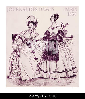 Französisch-1836 Mode; zwei junge Damen schick gekleidet mit Hut und Haido sitzen drinnen in der Stube Stockfoto