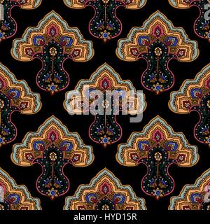 Abstrakte geometrische nahtlose Paisleymuster. Traditionelle orientalische Ornament. Lebendige Farben auf schwarzem Hintergrund. Textil-Design. Stock Vektor