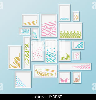 Verschiedenen Pictire Rahmen mit einfachen bunten geometrischen prasselt auf hellen blauen Wand. Satz von realistischen Grenzen für Kunst Galerie Mockup, Tapetendesign Stockfoto