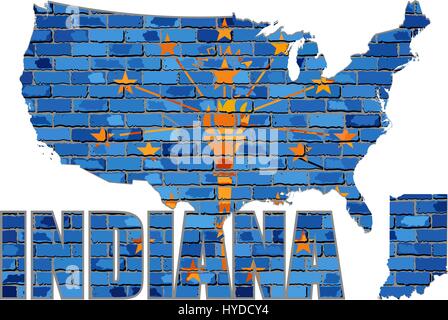 Indiana auf eine Mauer - Illustration, Schriftart mit der Flagge Indiana, Indiana-Karte auf eine Mauer Stock Vektor