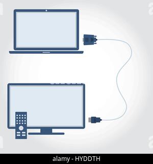 Laptop und Fernseher mit VGA und HDMI-Verbindung. Flaches Design. Stock Vektor