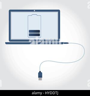 Laptop mit USB-Kabel verbunden. Batterie-Symbol am Bildschirm angezeigt. Schwache Batterie. Flaches Design. Stock Vektor