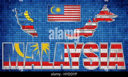 Malaysia Karte auf eine Mauer - Illustration, Karte von Malaysia mit Flagge in Schriftart mit der Flagge Malaysia, Malaysia Karte auf eine Mauer Stock Vektor