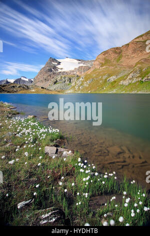 Blick auf Lake Leità mit im Hintergrund die Gliaciers der Punta Basei im Herzen des Nationalpark Gran Paradiso, Italien Stockfoto