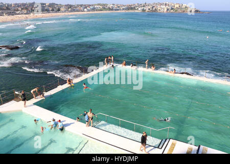 Blickte auf Menschen am Bondi Icebergs Pool, Bondi Beach in Sydney, Australien. Stockfoto