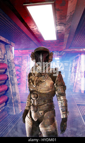 Astronauten im Raumschiff Korridor 3D Render Science-Fiction Abbildung Stockfoto