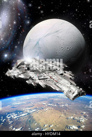 Raumschiff mit Planeten und Mond 3D Render-Science-Fiction-illustration Stockfoto