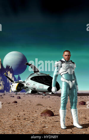 Space pilot Raumschiff und Planeten Oberfläche 3D Render Science-Fiction illustration Stockfoto